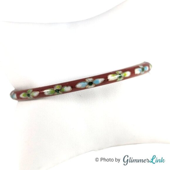 Vintage 70s Floral Enamel Cloisonné Bangle Bracelet - Picture 2 of 10